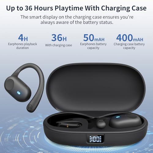 Bluetooth Open Ear Headphones for Sports with Smart Digital Display - 36H Playtime, IP54 Waterproof, Lightweight Design