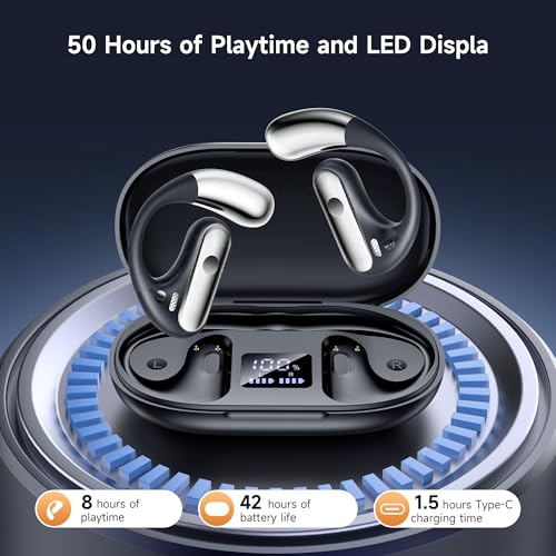 Black Wireless Bluetooth Headphones 5.4 with Hook for Fitness Earbuds with 50H Playtime Waterproof Design Fast Charging