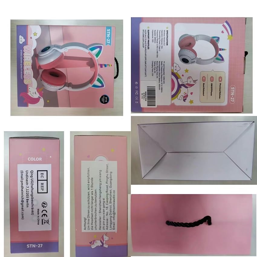 Unicorn Kids Bluetooth Foldable Headphones for Girls Toddlers (White Pink)